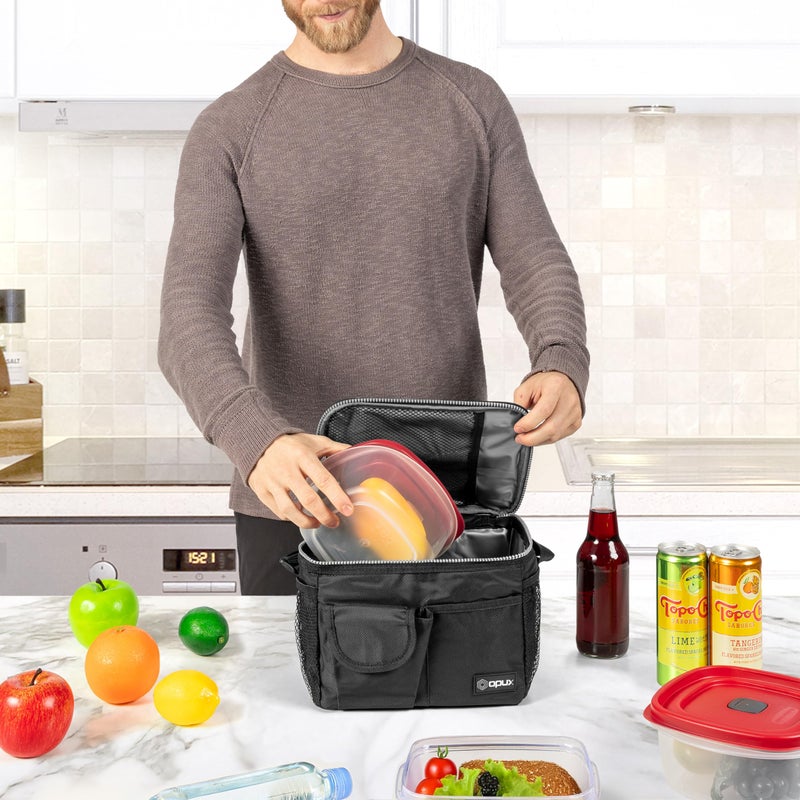 opux Insulated Lunch Bag for Men Women, Leakproof Black Lunch Box for Work, Portable Soft Lunch Cooler Bag with Shoulder Strap, Adult Lunchbox Lunch Pail for Kid Boy Girl School, 14 Can/8L - Image 5